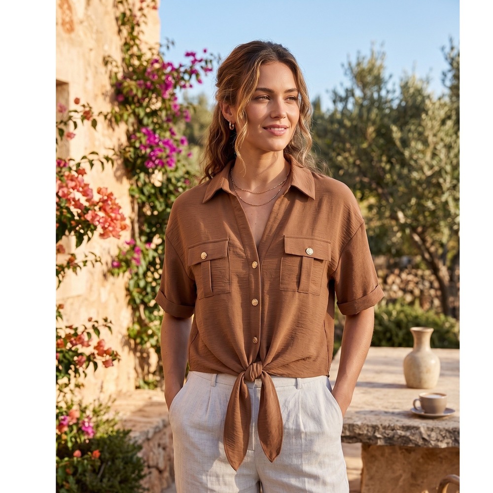 AUW Brown Button Down Tie Front Cropped Shirt Womens Medium Short Sleeve Top